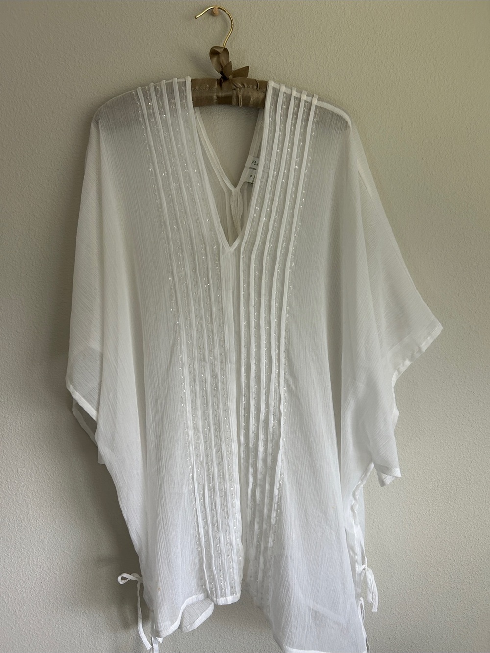 Stunning Vintage White Sheer Beaded V Neck Swim Coverup